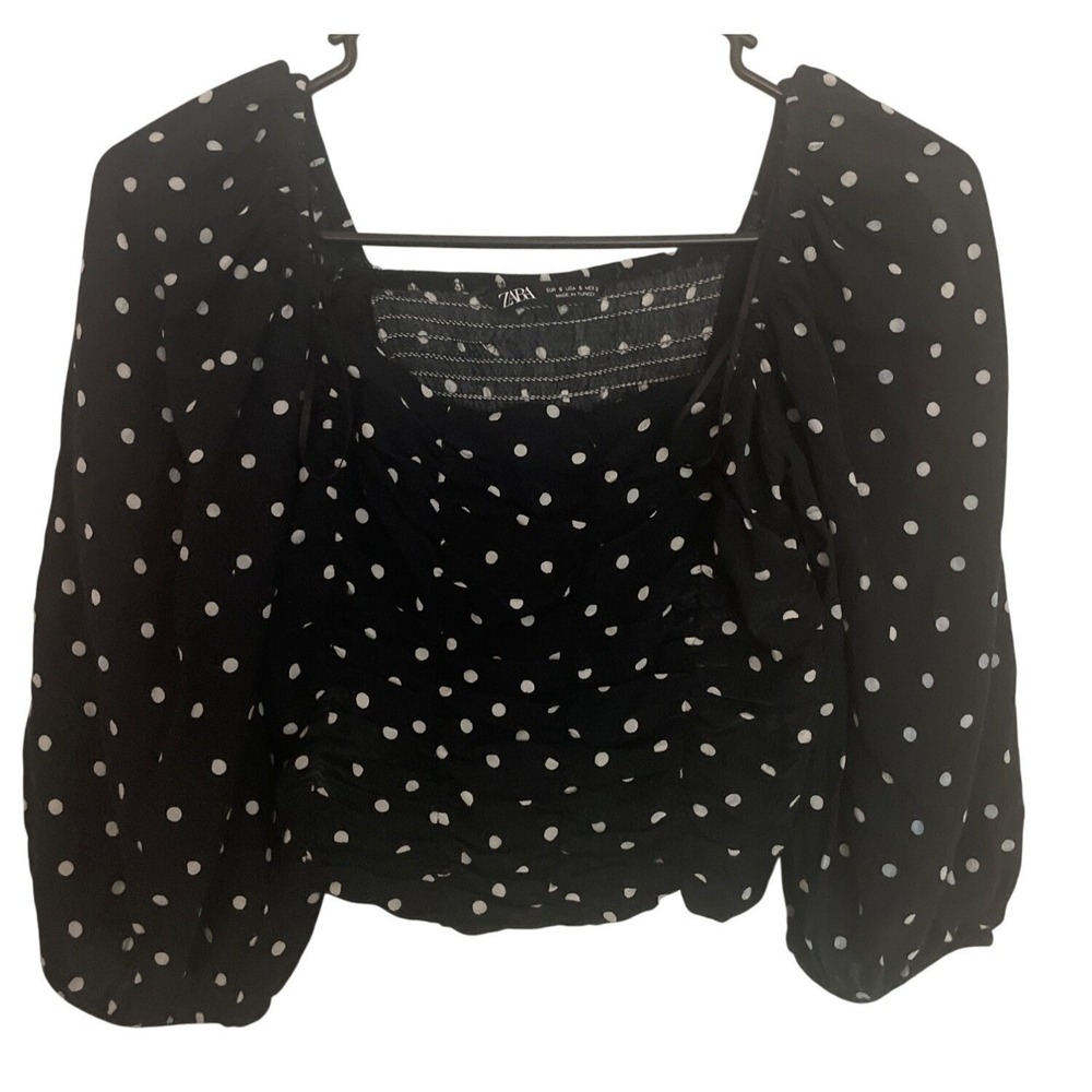 Zara Women Polka Dot Blouse Puff Sleeve Cropped Smocked Ruched Crop Top Black S